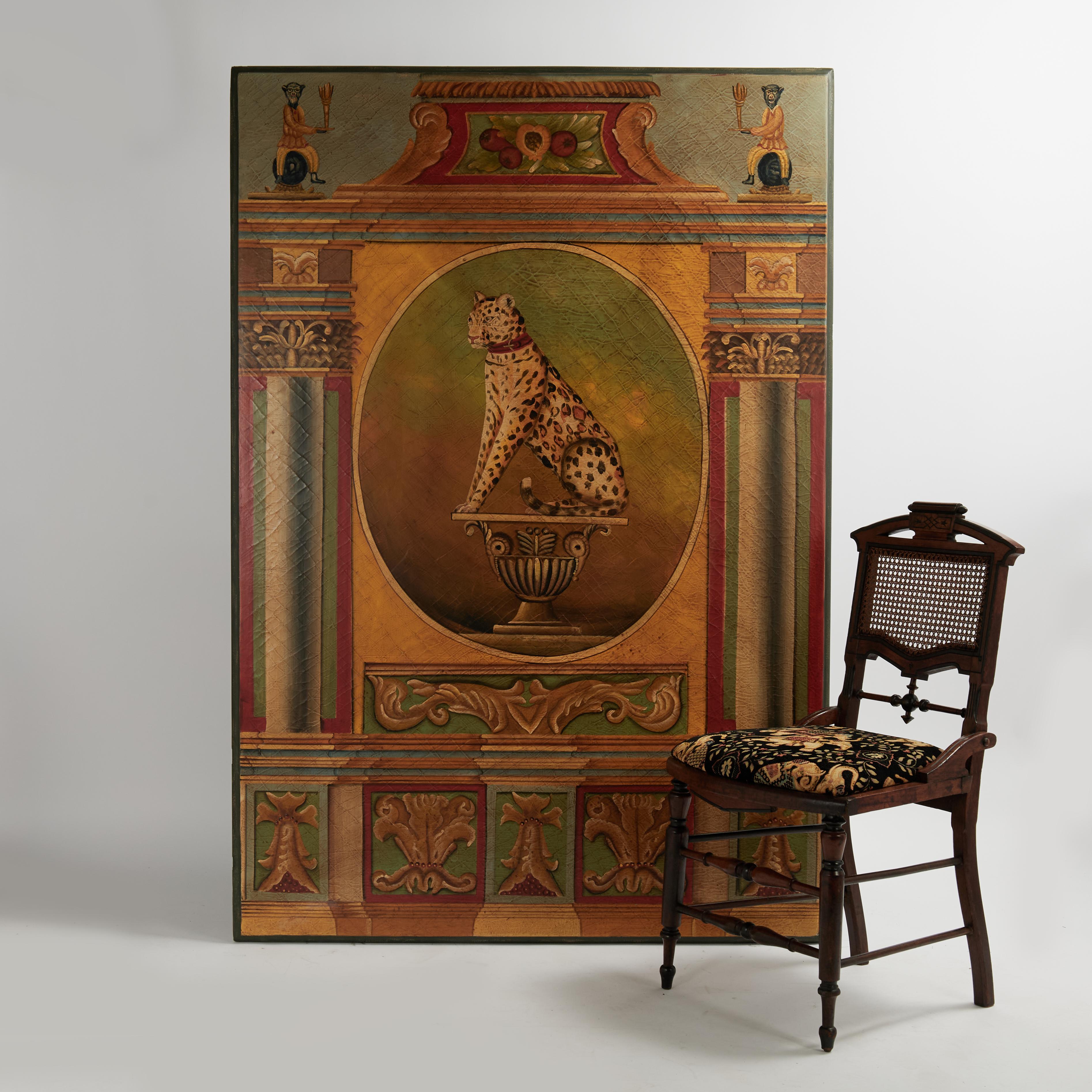 Enorme Panel Pintado Neoclásico Vintage con un Leopardo y Monos en venta 3