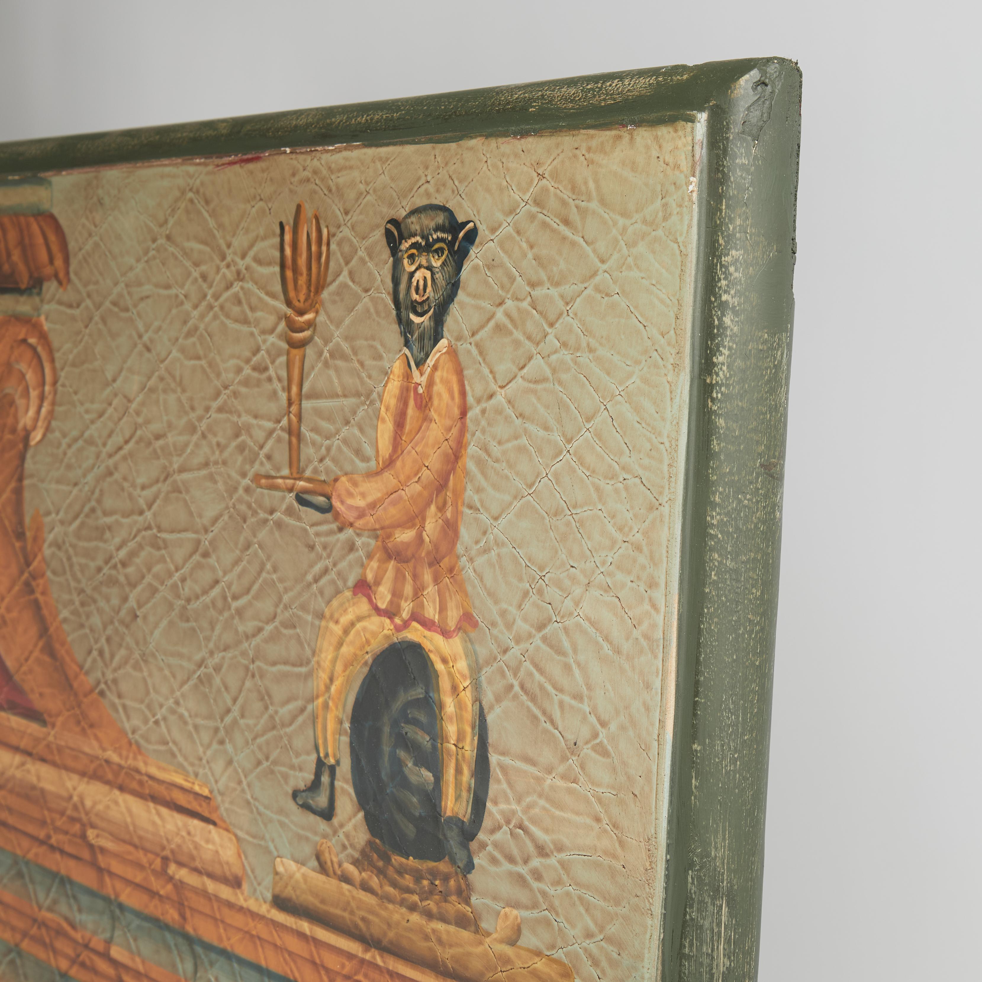 Enorme Panel Pintado Neoclásico Vintage con un Leopardo y Monos en venta 4