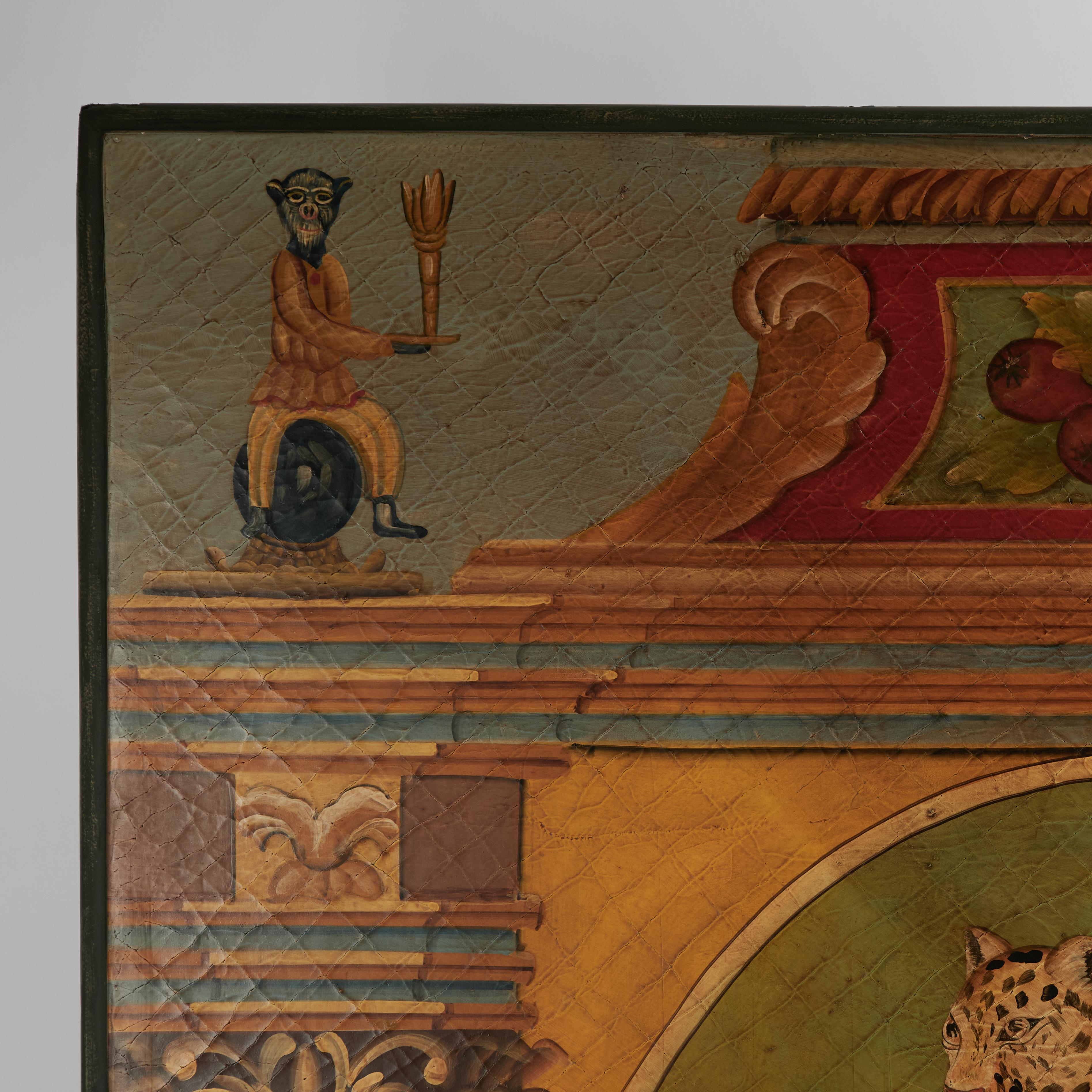 Altanera pintura acrílica vintage sobre madera de una composición extravagante con columnas, ornamentos, un leopardo sobre un pedestal y monos ejecutada con una técnica de trampantojo neoclásico con colores llamativos y un acabado craquelado