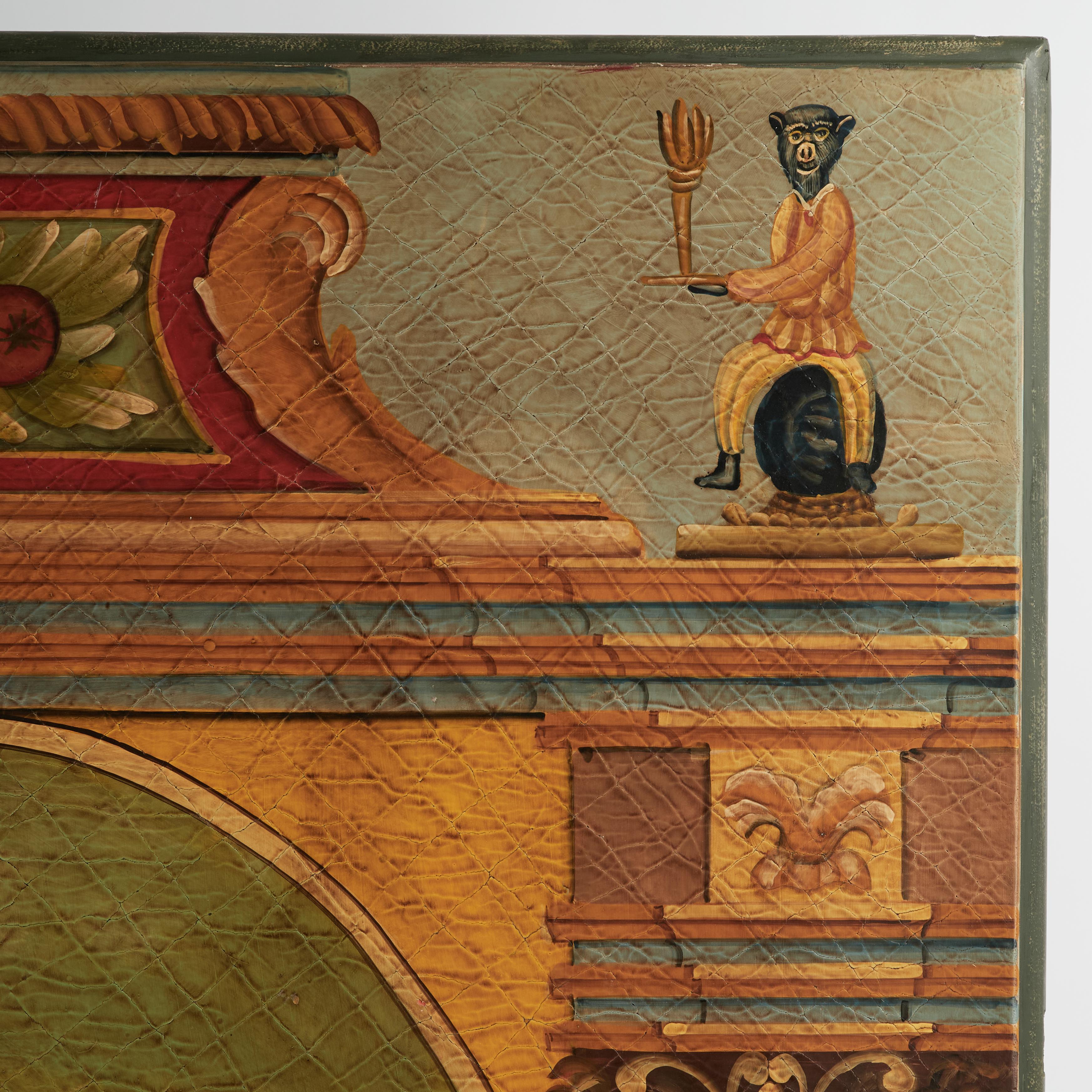 Enorme Panel Pintado Neoclásico Vintage con un Leopardo y Monos Hecho a mano en venta