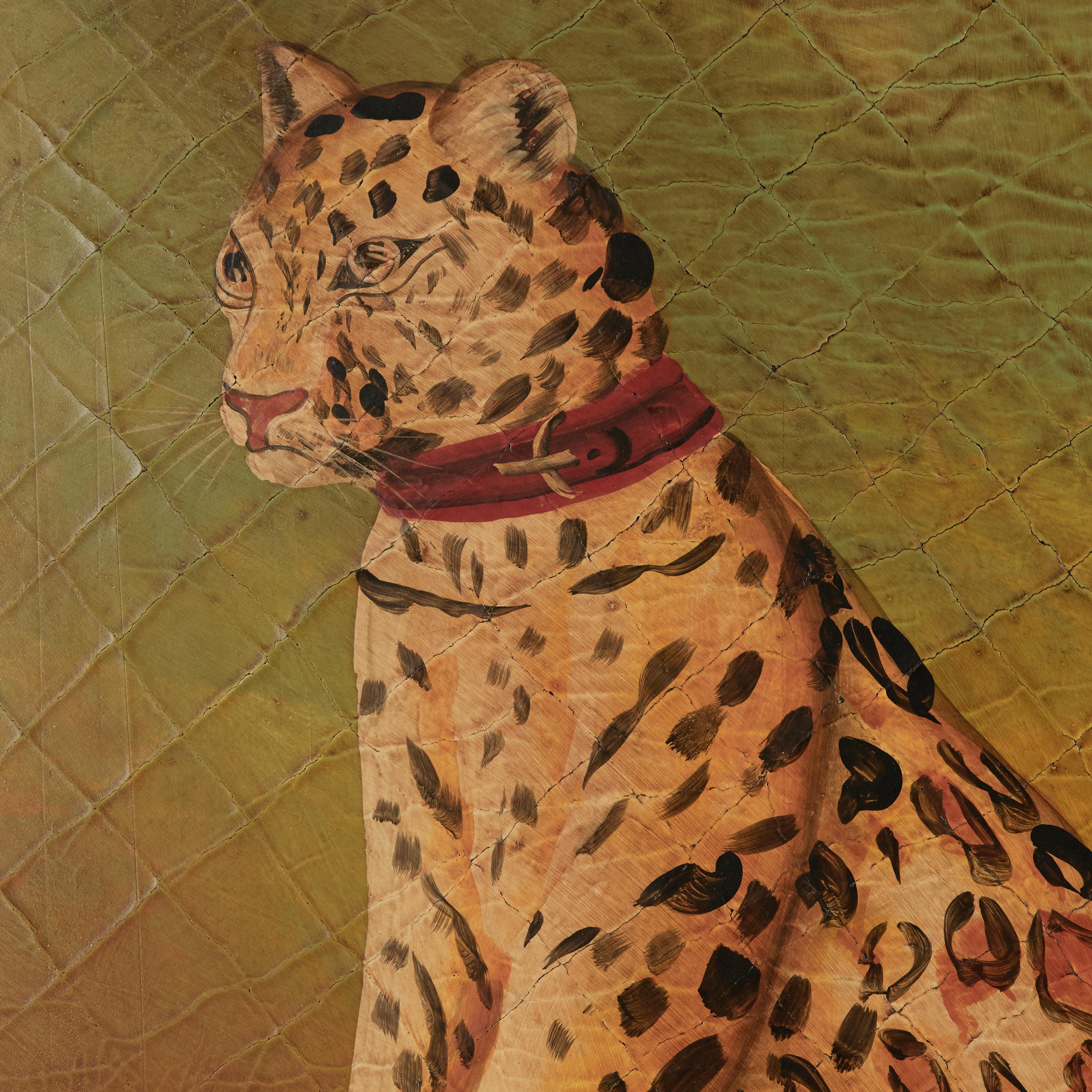 Enorme Panel Pintado Neoclásico Vintage con un Leopardo y Monos Acrílico en venta