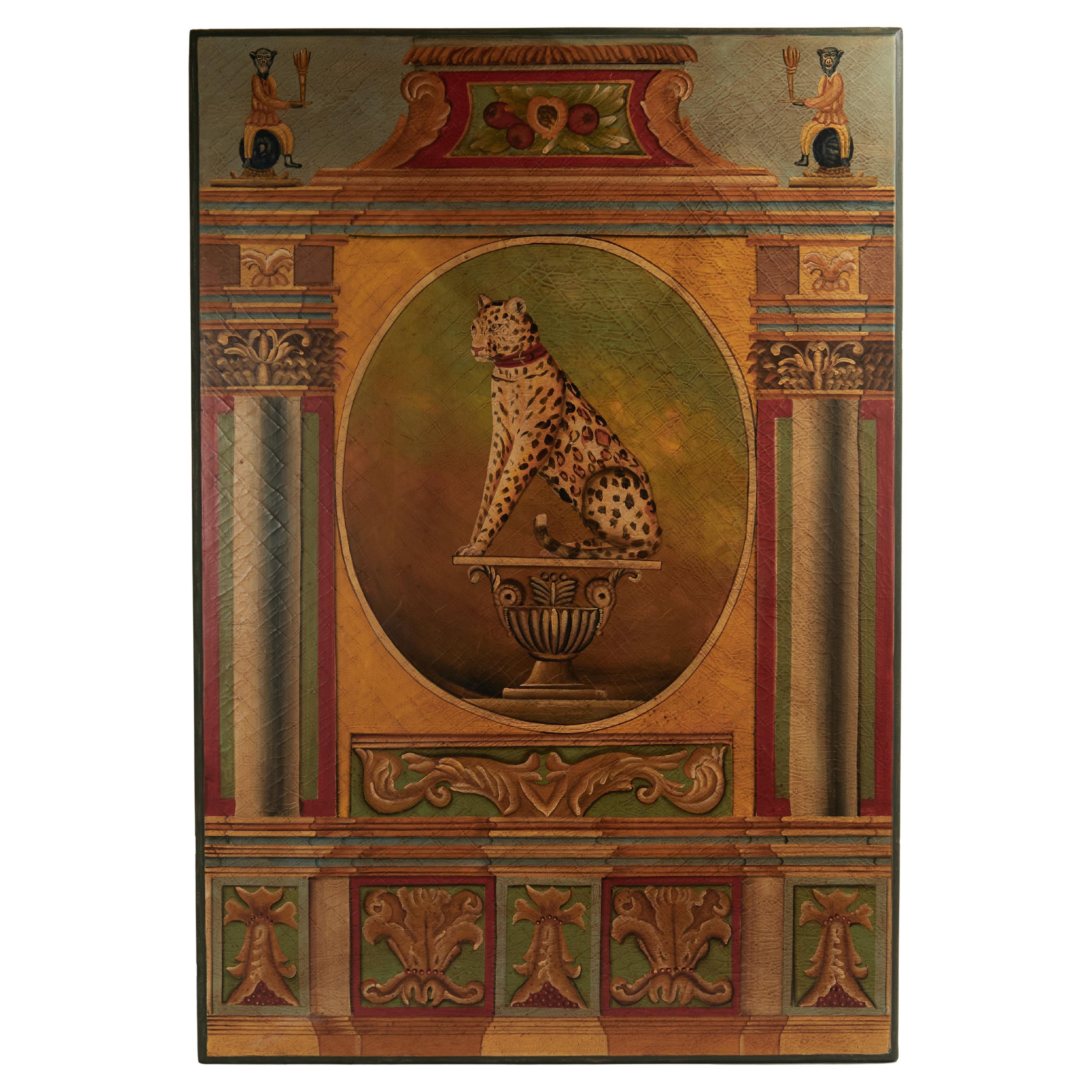 Huge Vintage Neoclassical Painted Panel with a Leopard and Monkeys