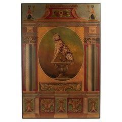 Huge Vintage Neoclassical Painted Panel with a Leopard and Monkeys