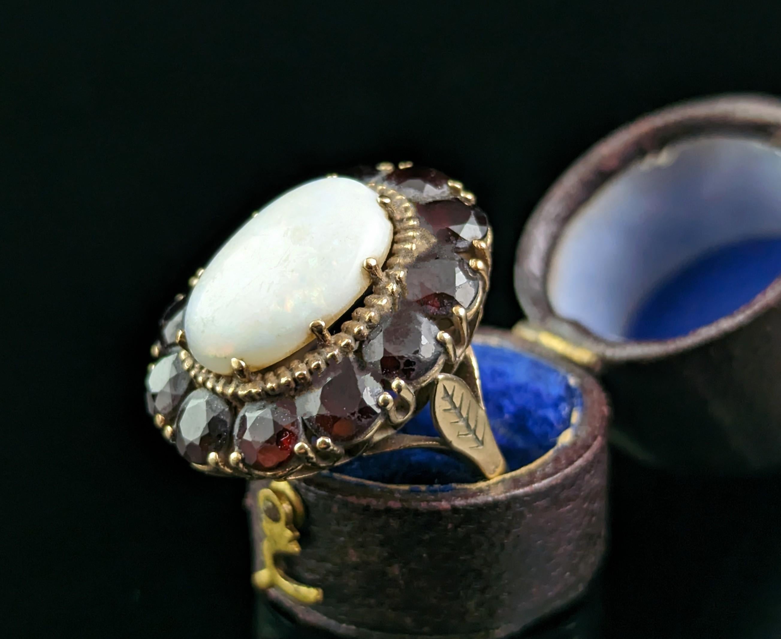 Cabochon Huge vintage Opal and Garnet cluster ring, 9k yellow gold 