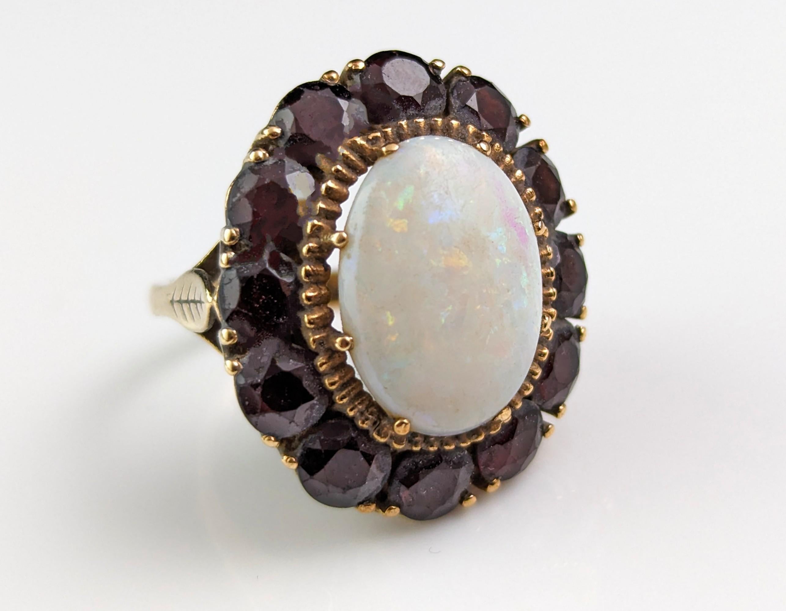 Women's Huge vintage Opal and Garnet cluster ring, 9k yellow gold 