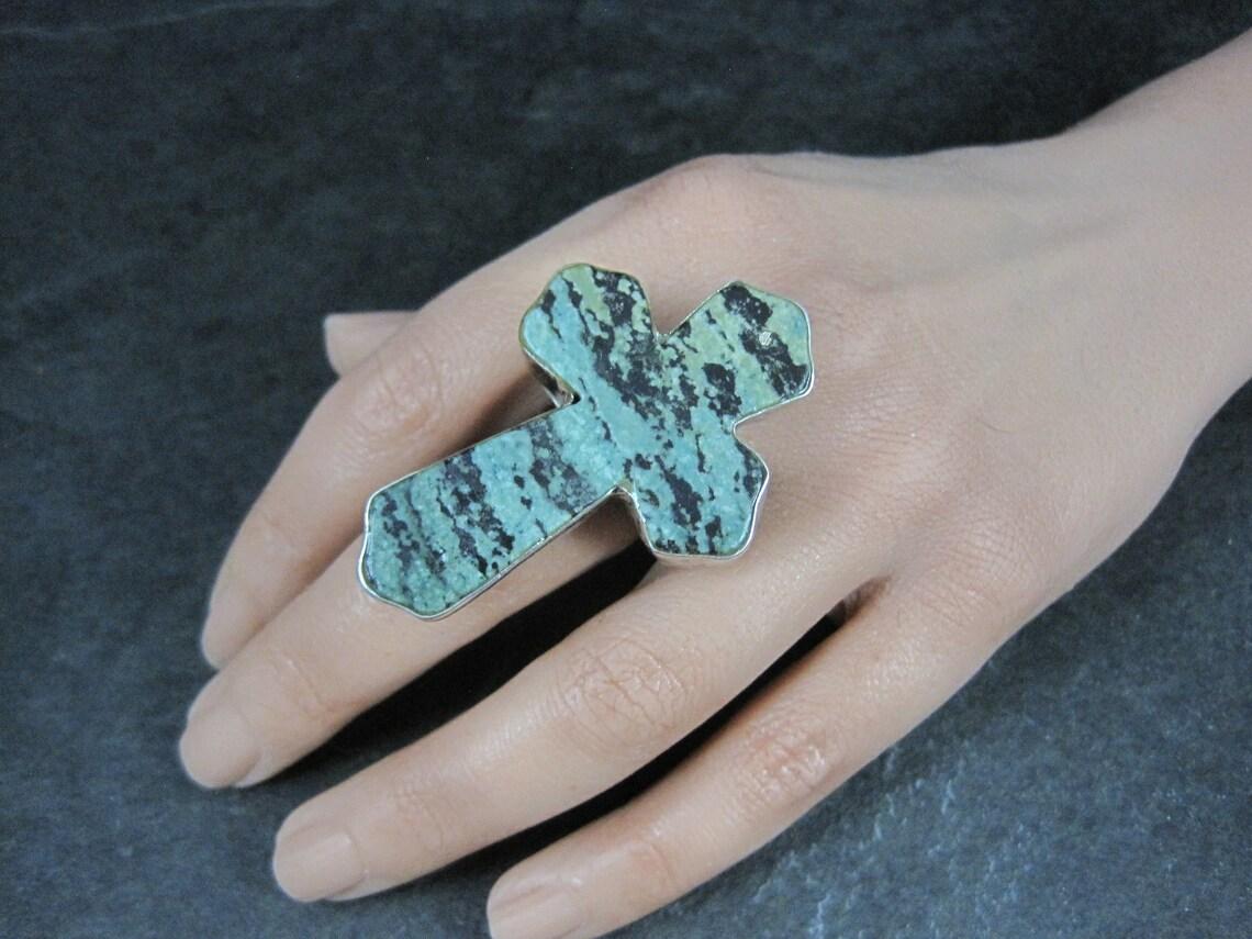 Mixed Cut Huge Vintage Pixie Turquoise Cross Ring Size 7.5 For Sale