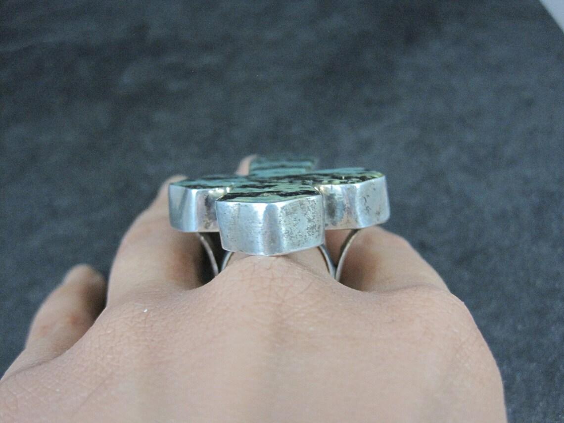 Women's or Men's Huge Vintage Pixie Turquoise Cross Ring Size 7.5 For Sale