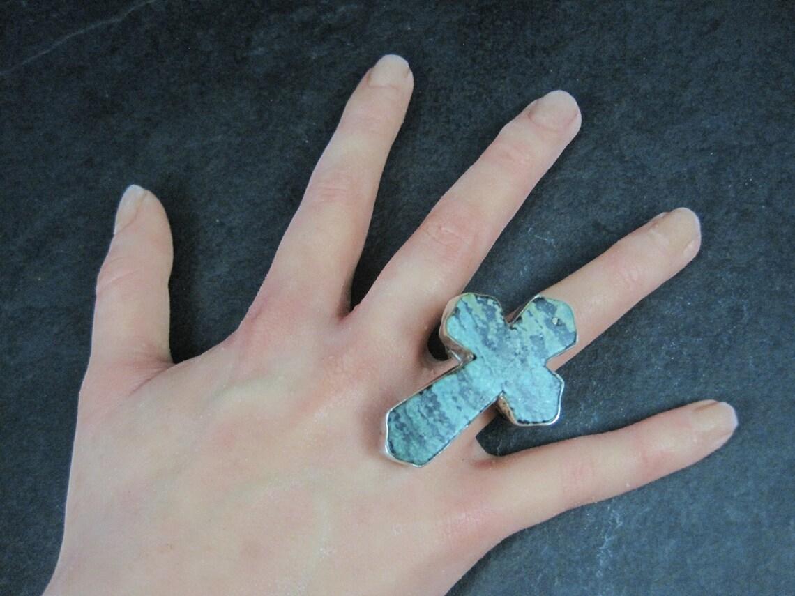 Huge Vintage Pixie Turquoise Cross Ring Size 7.5 For Sale 1