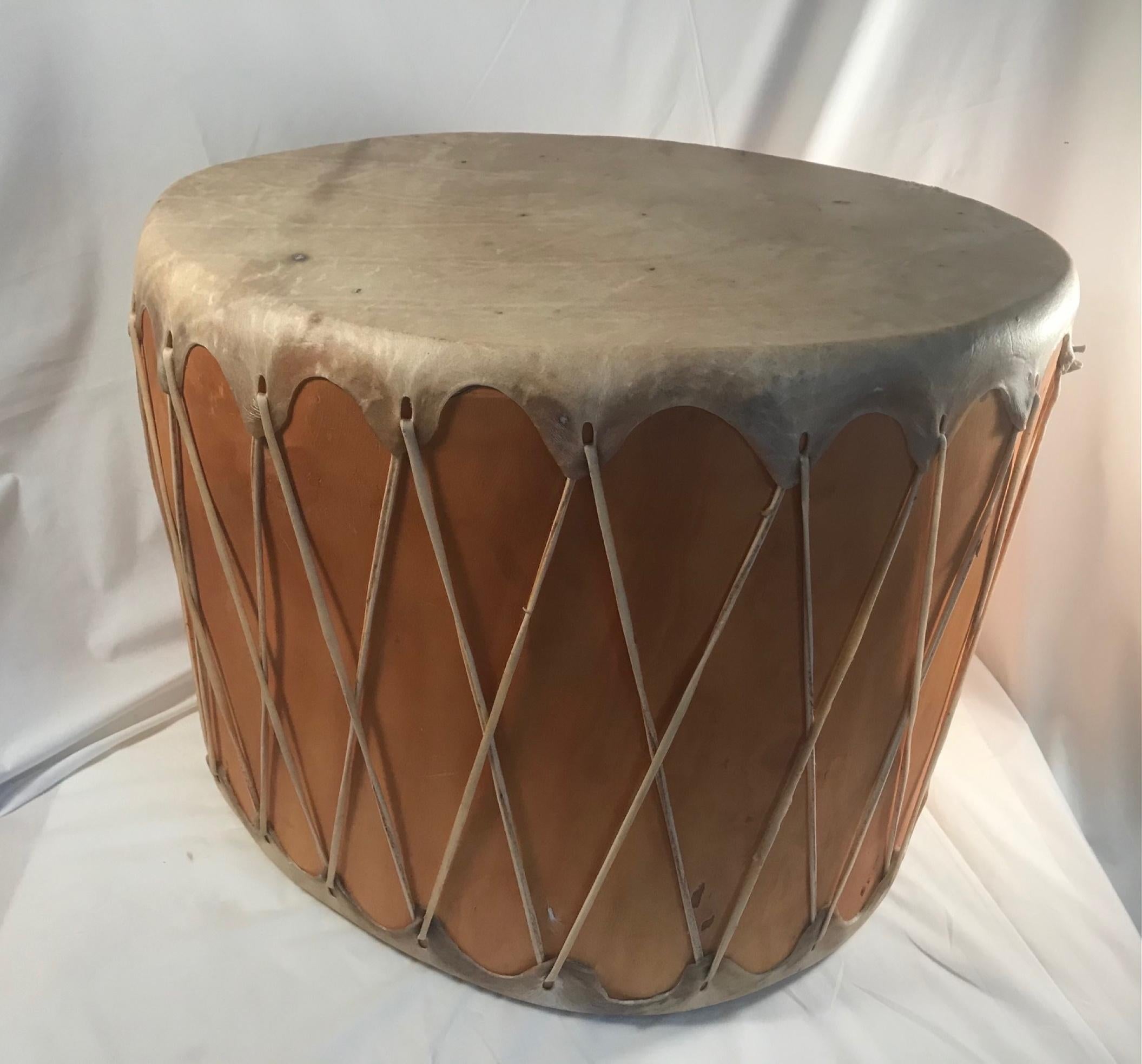 Huge Vintage Pueblo Native American Double-Sided Drum In Good Condition In Vero Beach, FL