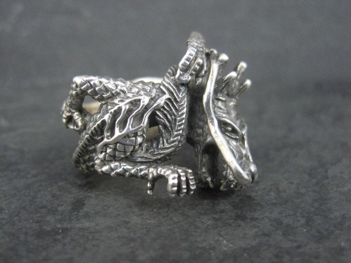 Gothic Revival Huge Vintage Sterling Dragon Ring Size 10.5 For Sale