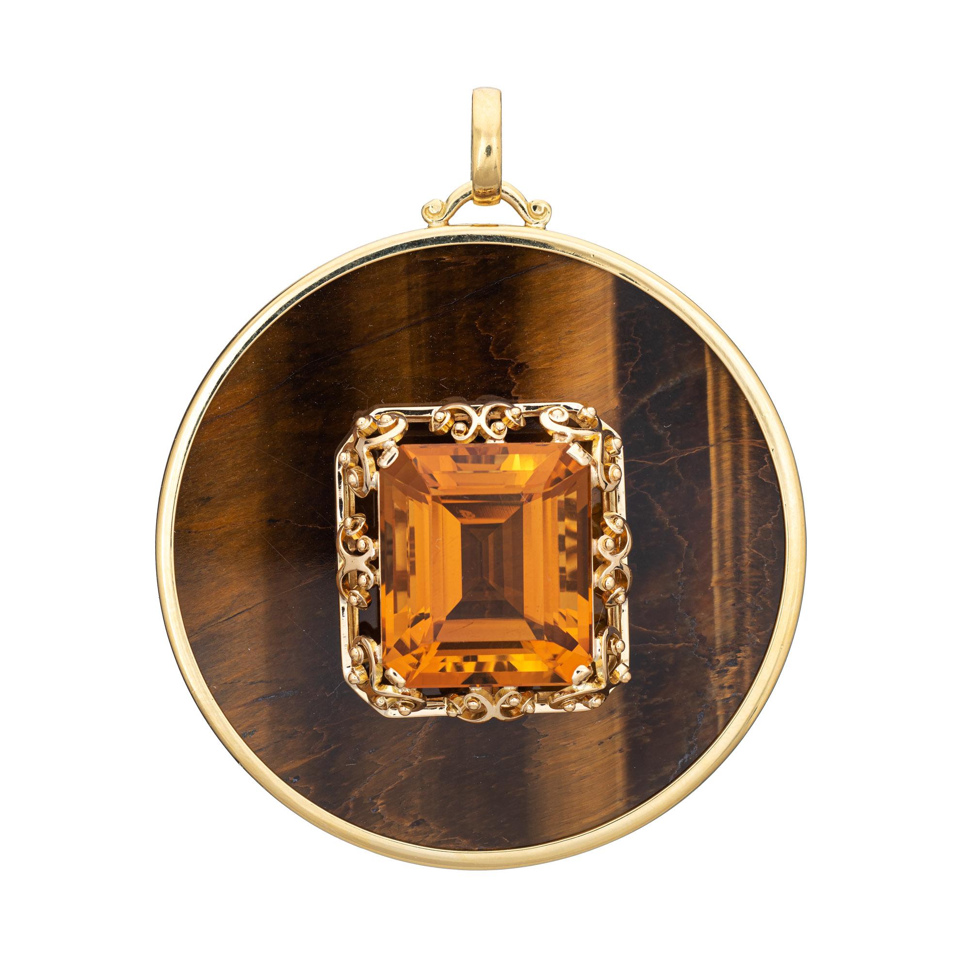 Modern Huge Vintage Tigers Eye Citrine Pendant 18k Yellow Gold Medallion Fine Jewelry