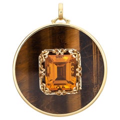 Huge Vintage Tigers Eye Citrine Pendant 18k Yellow Gold Medallion Fine Jewelry