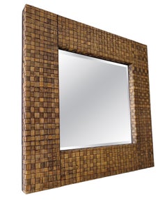 Huge vintage woven tobacco-toned rattan mirror with bevelled glass, USA c1980s
