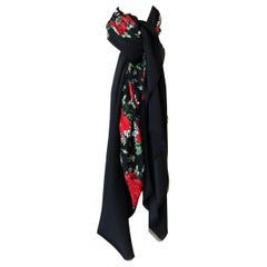 Huge Vintage Yves Saint Laurent Silk Red Rose Print Black Scarf