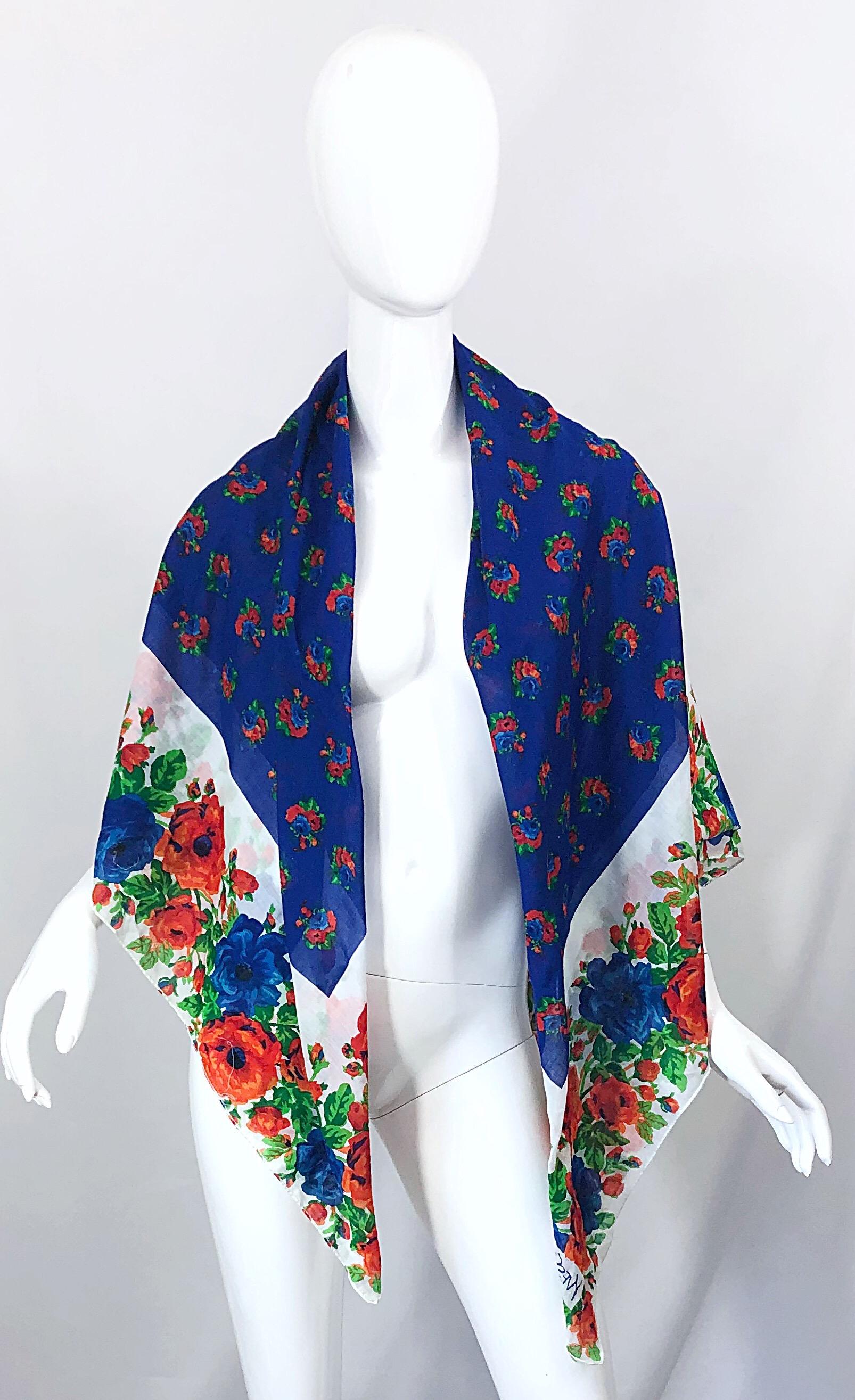 Gorgeous huge vintage YVES SAINT LAURENT YSL lightweight cotton voile flower printed scarf / shawl / parero! Lined with beautiful flowers in royal blue, blue, orange, green and white. Can be worn multiple ways, and would also work great as a