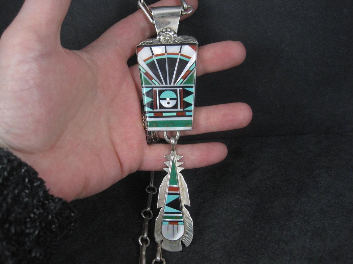 Huge Vintage Zuni Sunface Feather Inlay Pendant Necklace For Sale 2