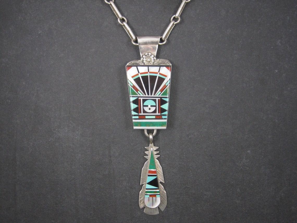 Huge Vintage Zuni Sunface Feder Inlay Anhänger Halskette 5