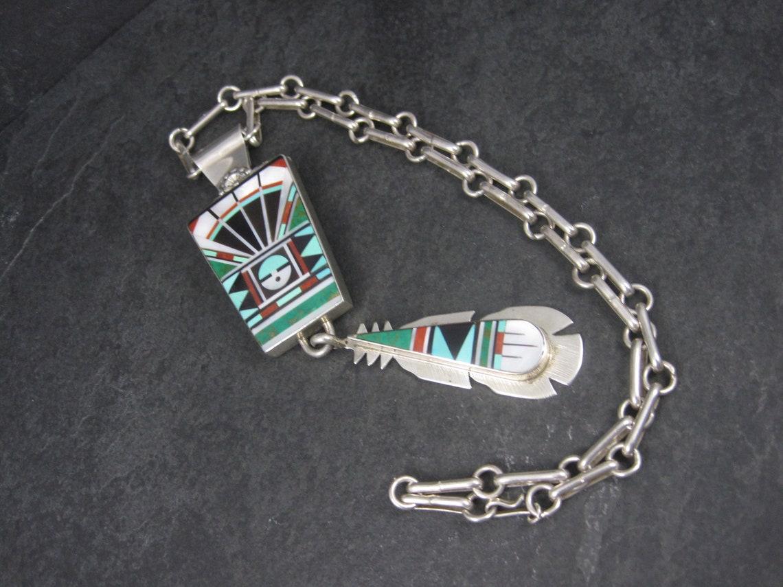 Huge Vintage Zuni Sunface Feather Inlay Pendant Necklace For Sale 4