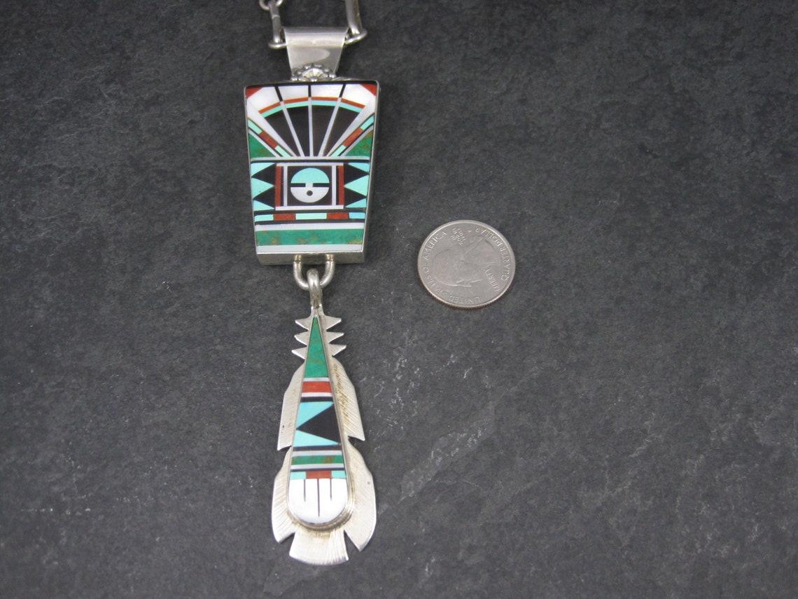 Native American Huge Vintage Zuni Sunface Feather Inlay Pendant Necklace For Sale