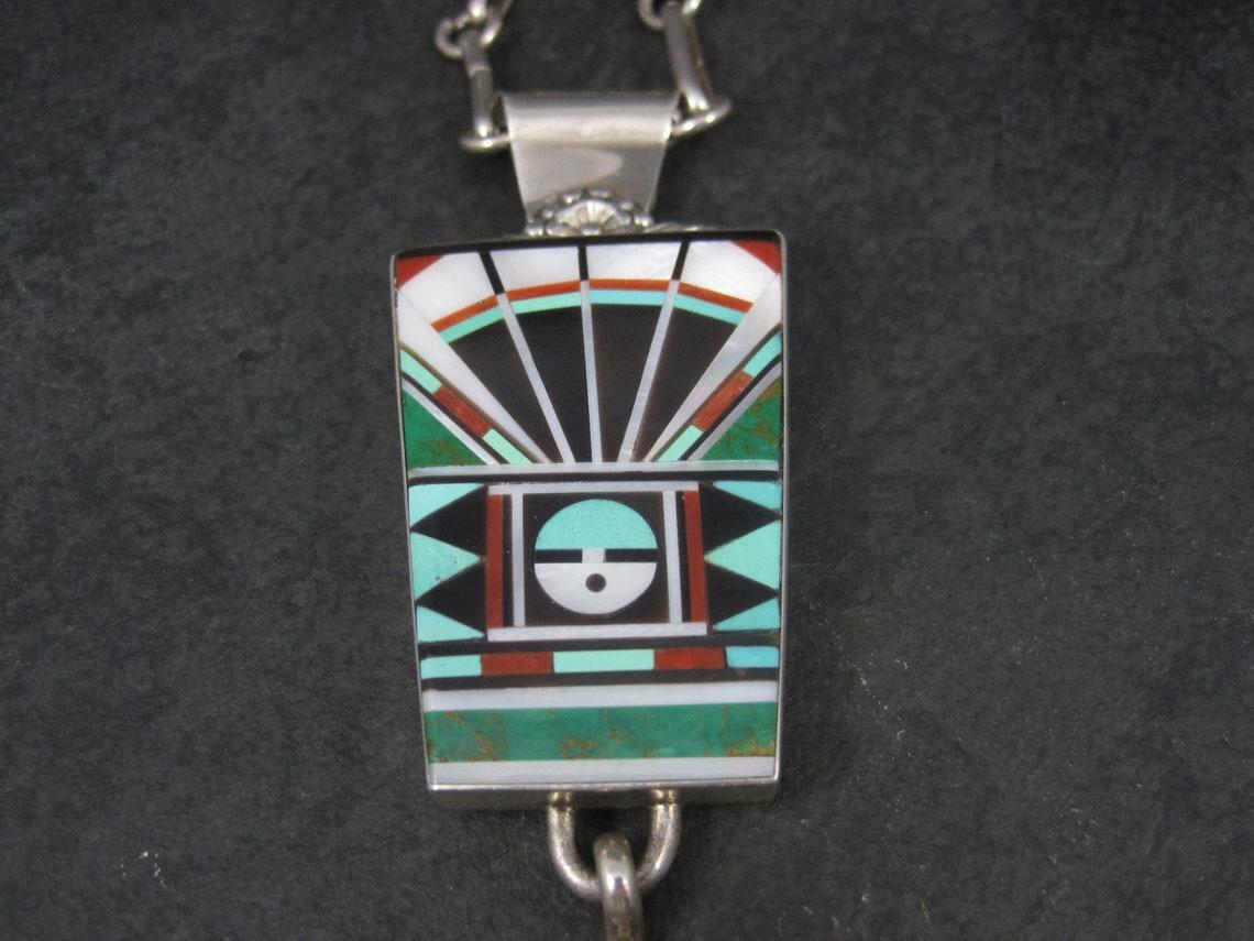 Huge Vintage Zuni Sunface Feather Inlay Pendant Necklace In Excellent Condition For Sale In Webster, SD