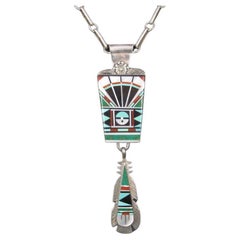 Huge Retro Zuni Sunface Feather Inlay Pendant Necklace