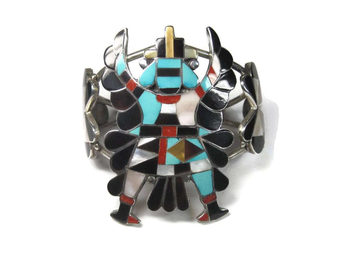 Huge Vintage Zuni Turquoise Coral Inlay Knifewing Cuff Bracelet For Sale 5