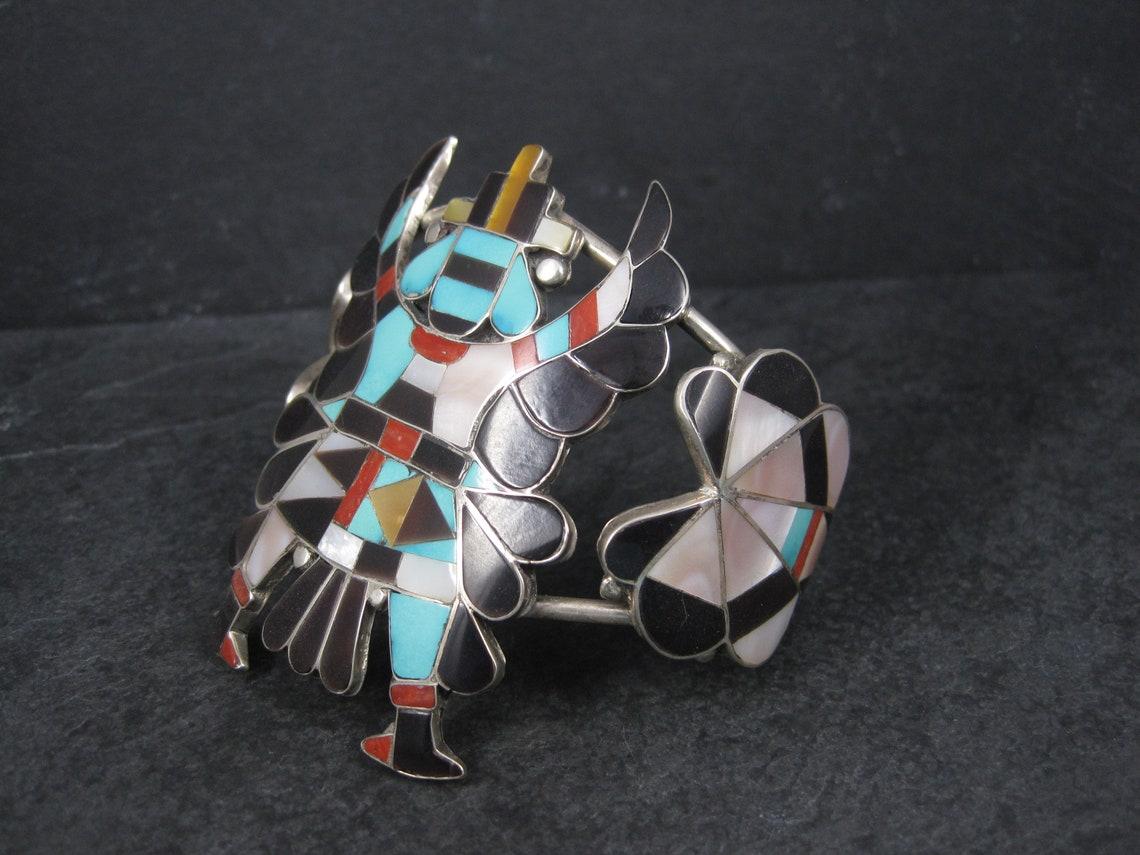 Women's Huge Vintage Zuni Turquoise Coral Inlay Knifewing Cuff Bracelet For Sale