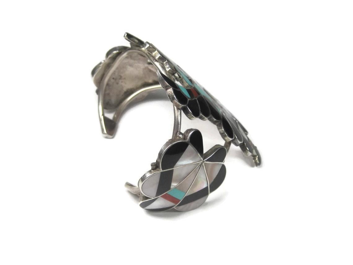 Huge Vintage Zuni Türkis Korallen-Intarsien-Messer-Manschettenarmband im Angebot 1