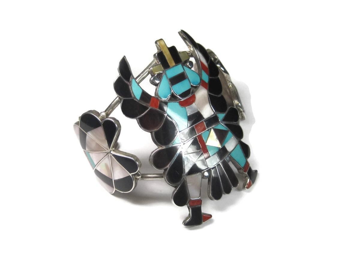 Huge Vintage Zuni Turquoise Coral Inlay Knifewing Cuff Bracelet For Sale 2