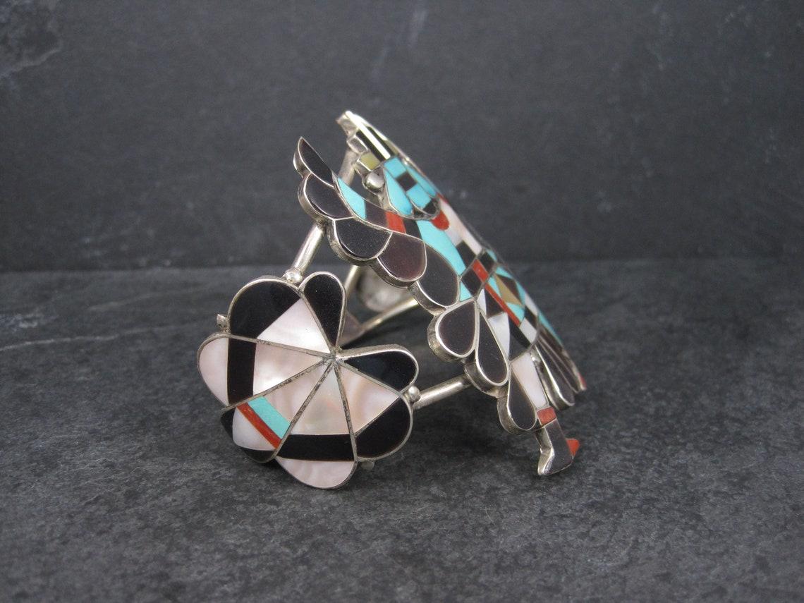 Huge Vintage Zuni Turquoise Coral Inlay Knifewing Cuff Bracelet For Sale 3