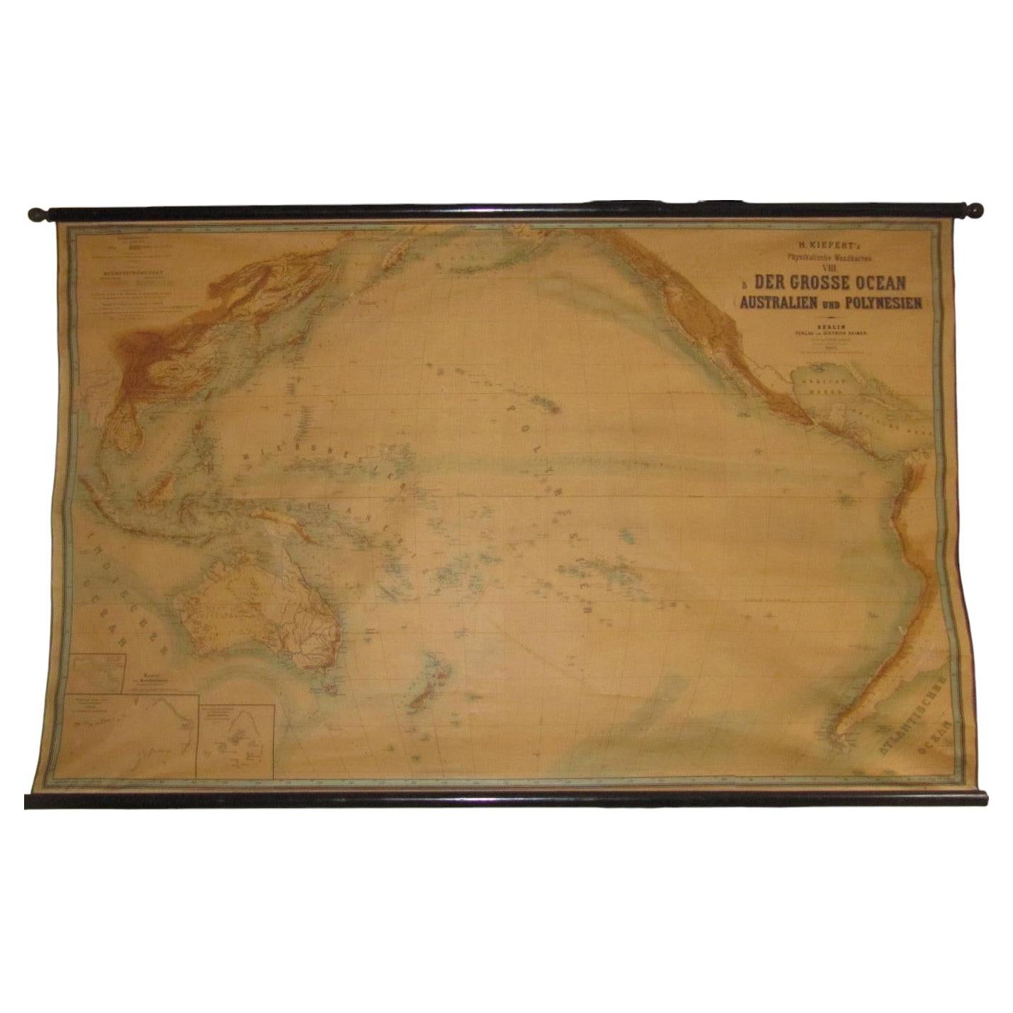 Riesige Wandlithographie Karte 1886: Australien, Polynesien, Westküste Amerika, Japan