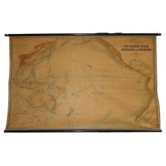 Riesige Wandlithographie Karte 1886: Australien, Polynesien, Westküste Amerika, Japan