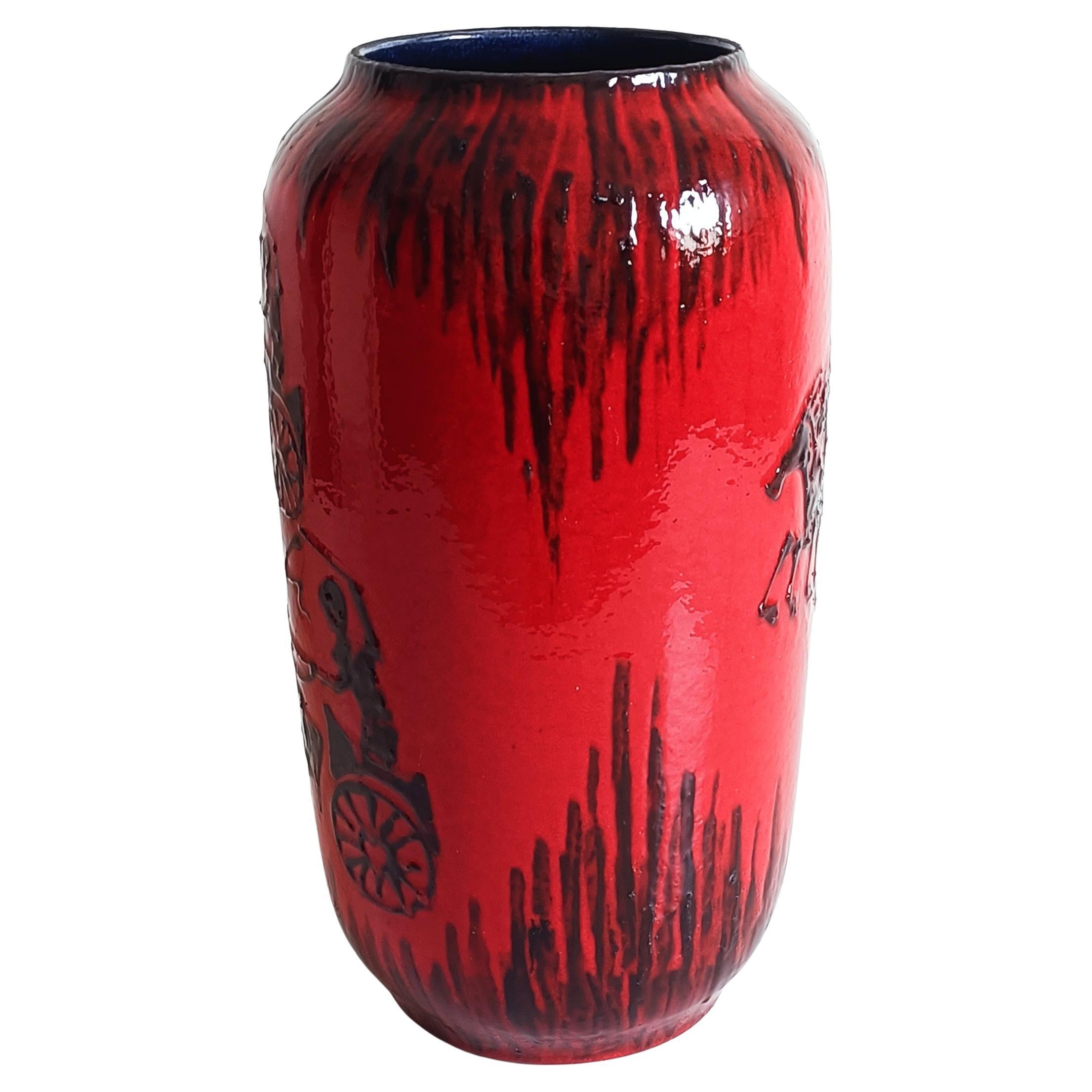 Huge West German Mid Century Scheurich Etruscan Chariots Fat Lava Vase, 1950s 3