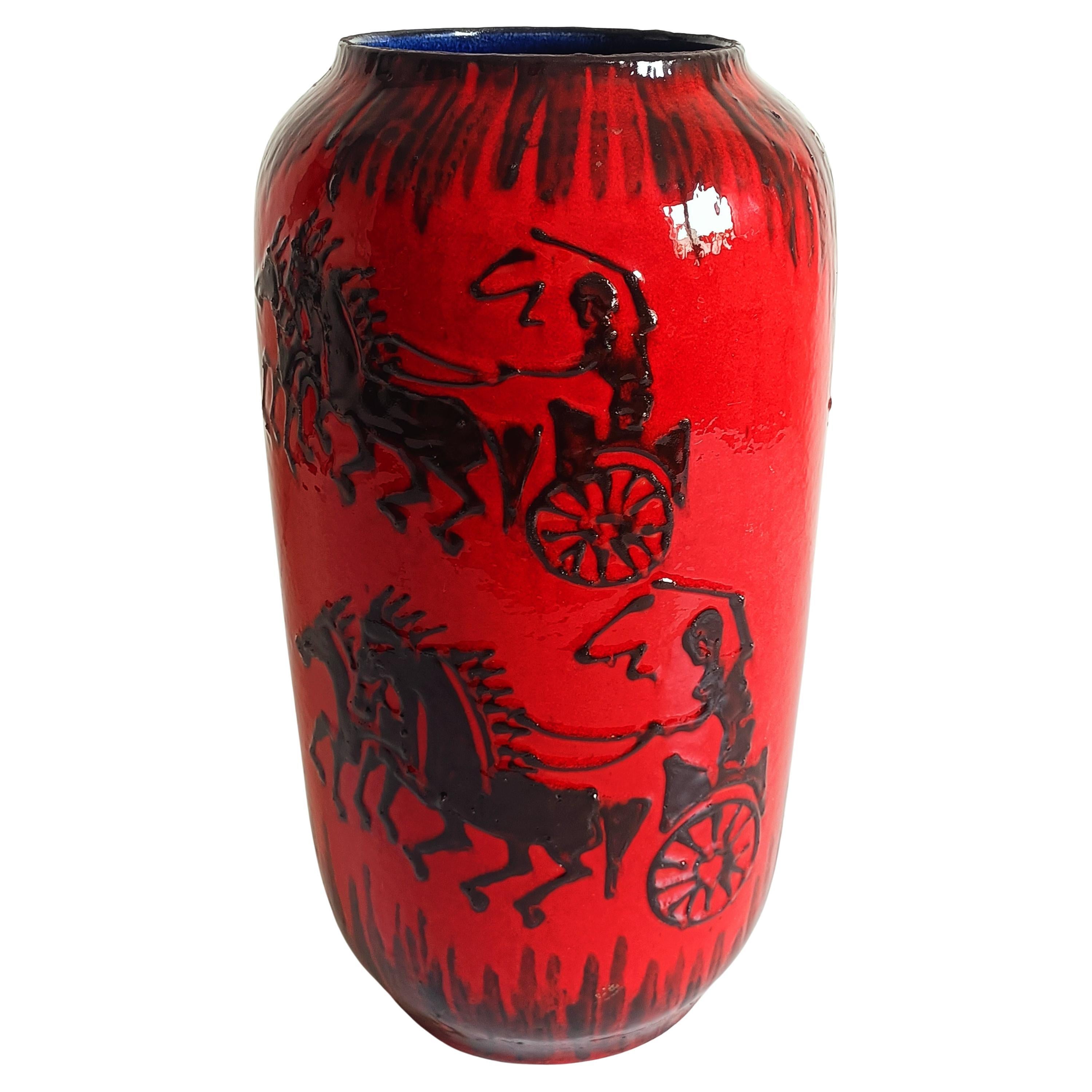 Huge West German Mid Century Scheurich Etruscan Chariots Fat Lava Vase, 1950s 4