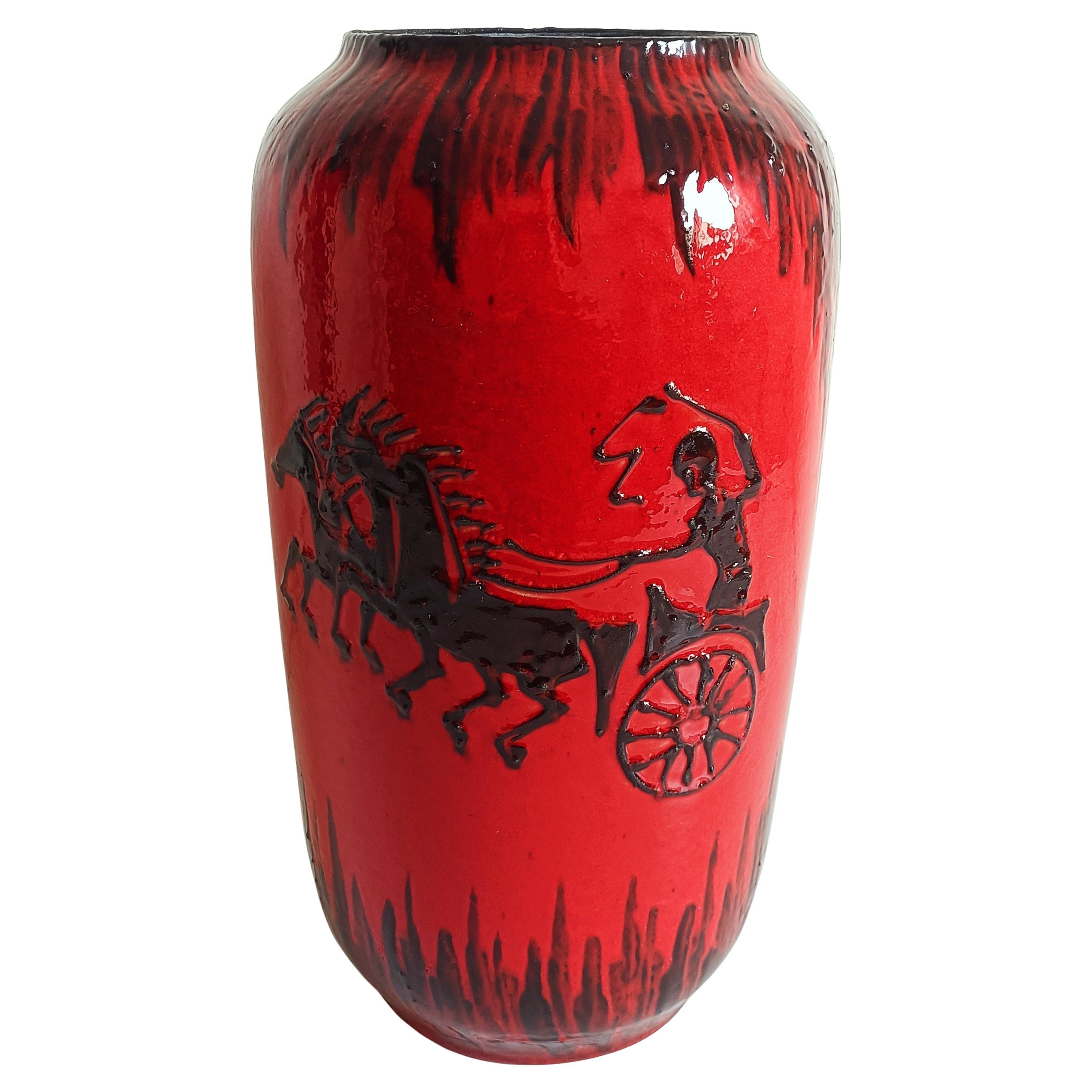 Huge West German Mid Century Scheurich Etruscan Chariots Fat Lava Vase, 1950s 6
