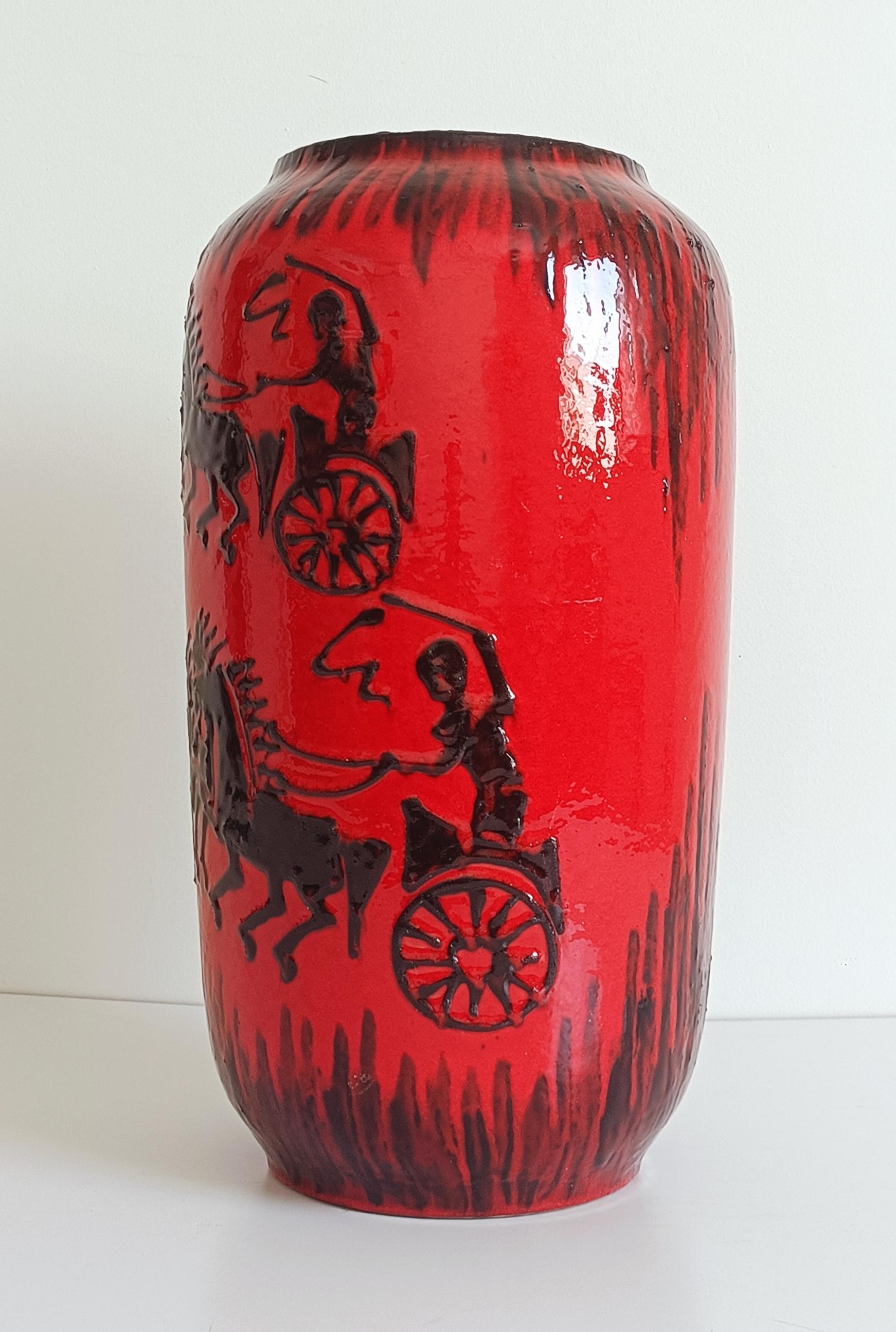 Huge West German Mid Century Scheurich Etruscan Chariots Fat Lava Vase, 1950s 9