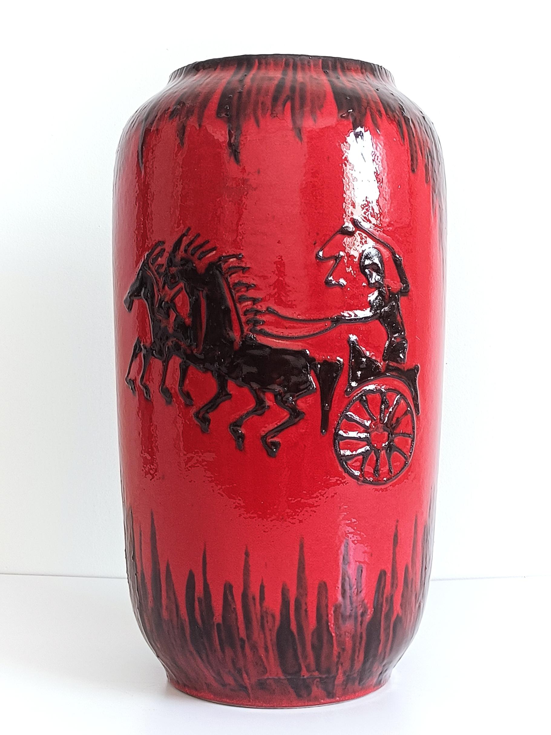 Huge West German Mid Century Scheurich Etruscan Chariots Fat Lava Vase, 1950s 10