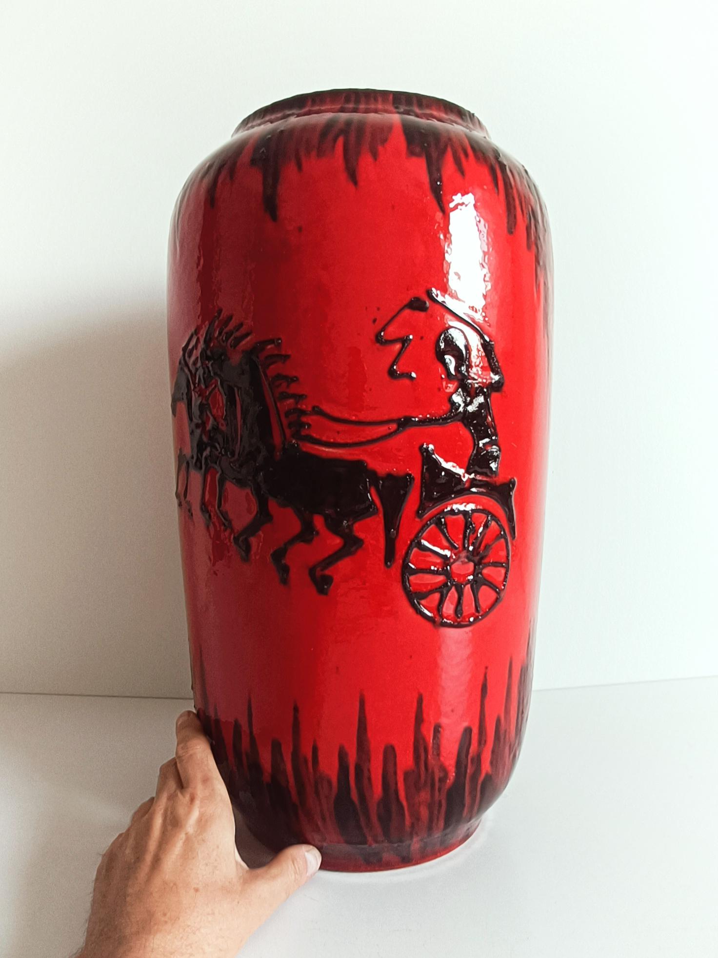Huge West German Mid Century Scheurich Etruscan Chariots Fat Lava Vase, 1950s 11