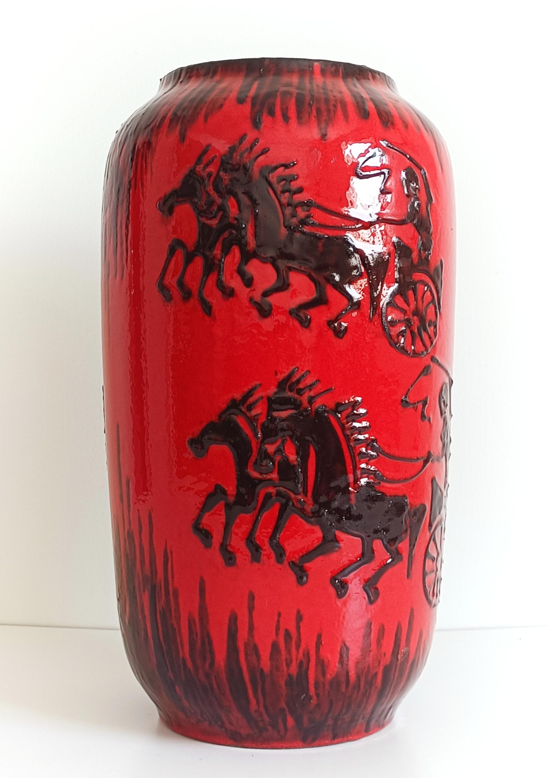 Huge West German Mid Century Scheurich Etruscan Chariots Fat Lava Vase, 1950s 12