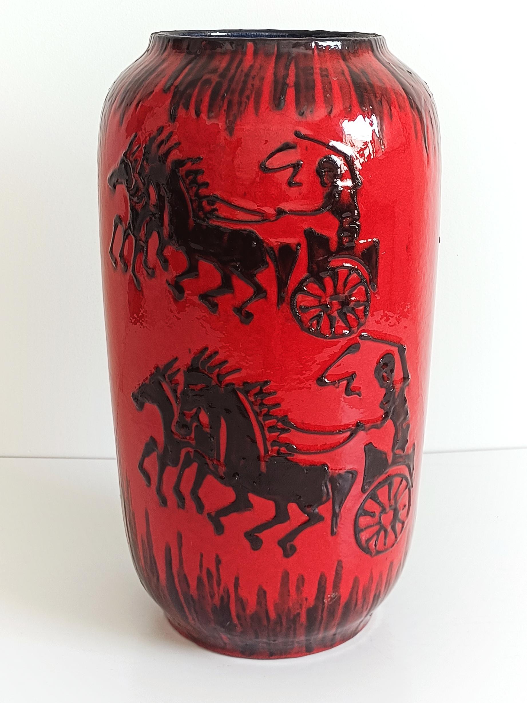 Huge West German Mid Century Scheurich Etruscan Chariots Fat Lava Vase, 1950s 13