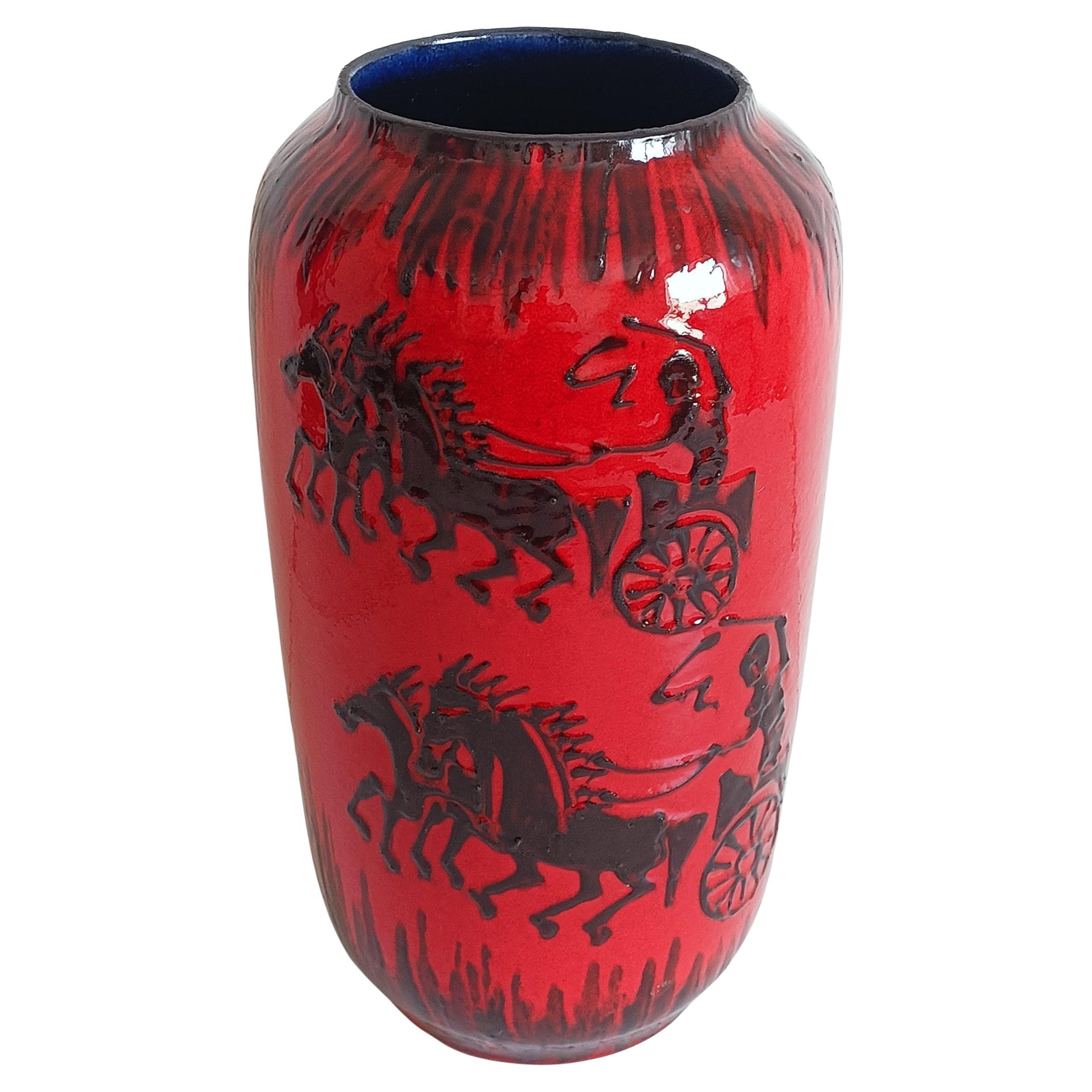 Mid-Century Modern Huge West German Mid Century Scheurich Etruscan Chariots Fat Lava Vase, 1950s