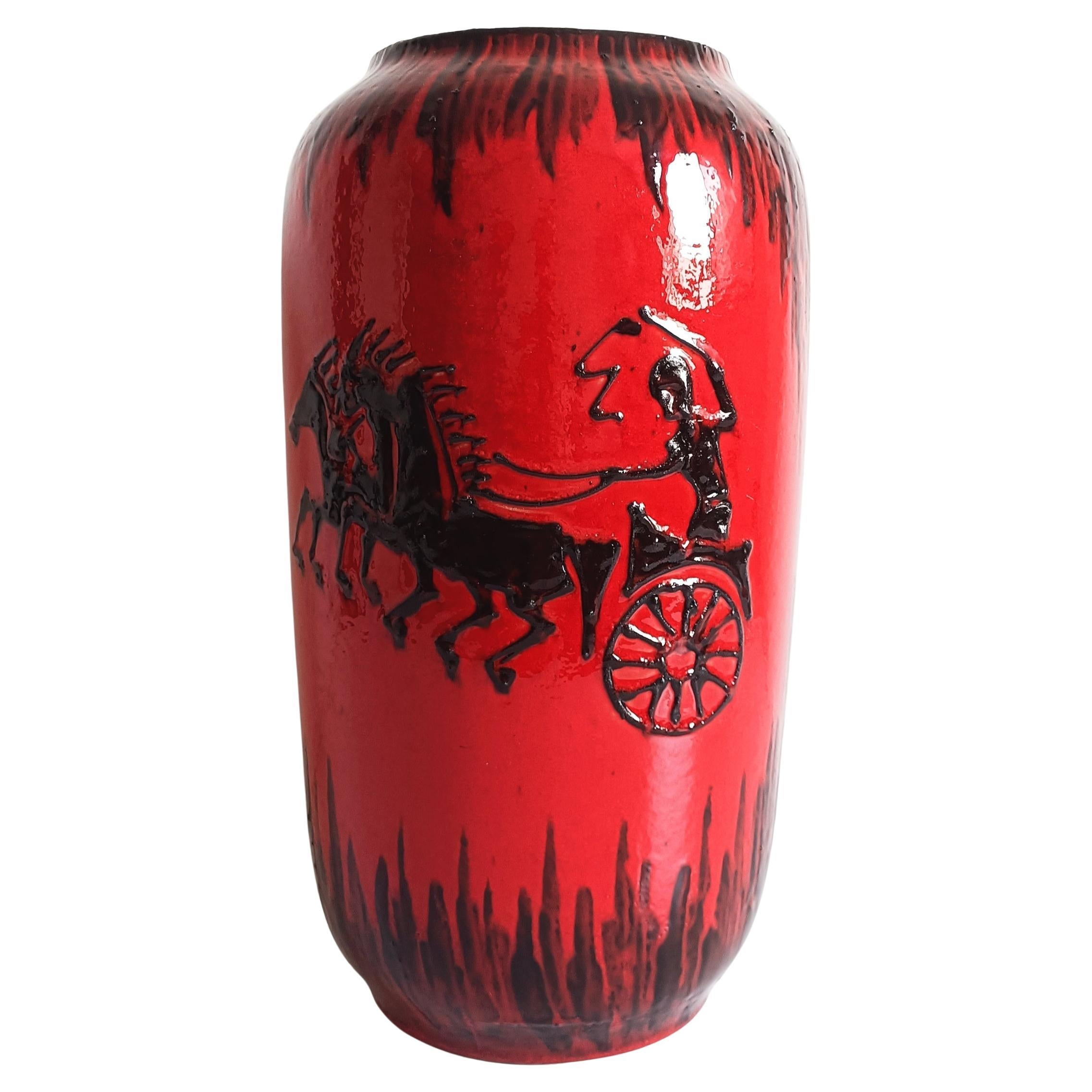 Glazed Huge West German Mid Century Scheurich Etruscan Chariots Fat Lava Vase, 1950s