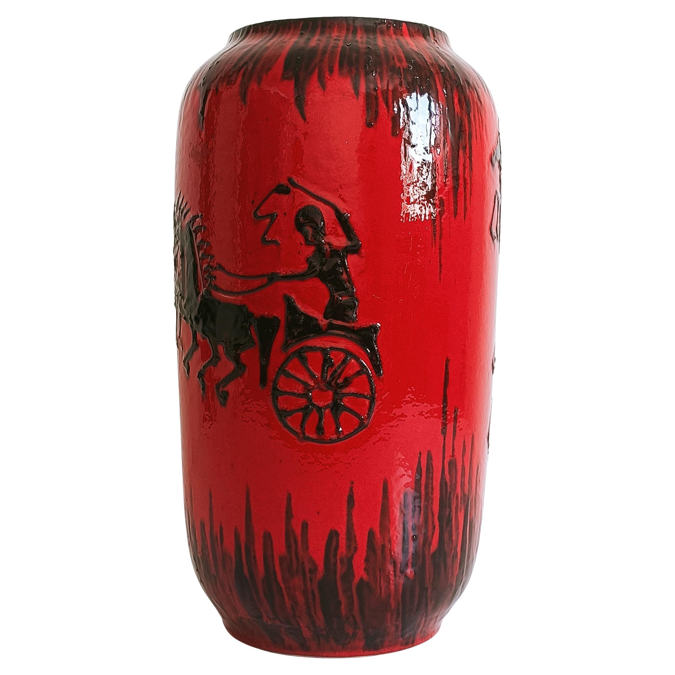 Huge West German Mid Century Scheurich Etruscan Chariots Fat Lava Vase, 1950s In Excellent Condition In Valencia, VC