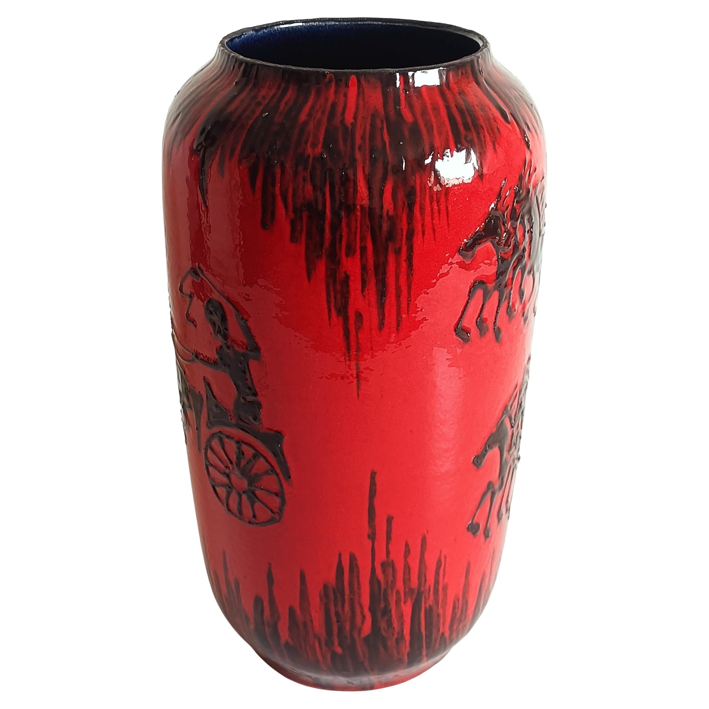 20th Century Huge West German Mid Century Scheurich Etruscan Chariots Fat Lava Vase, 1950s