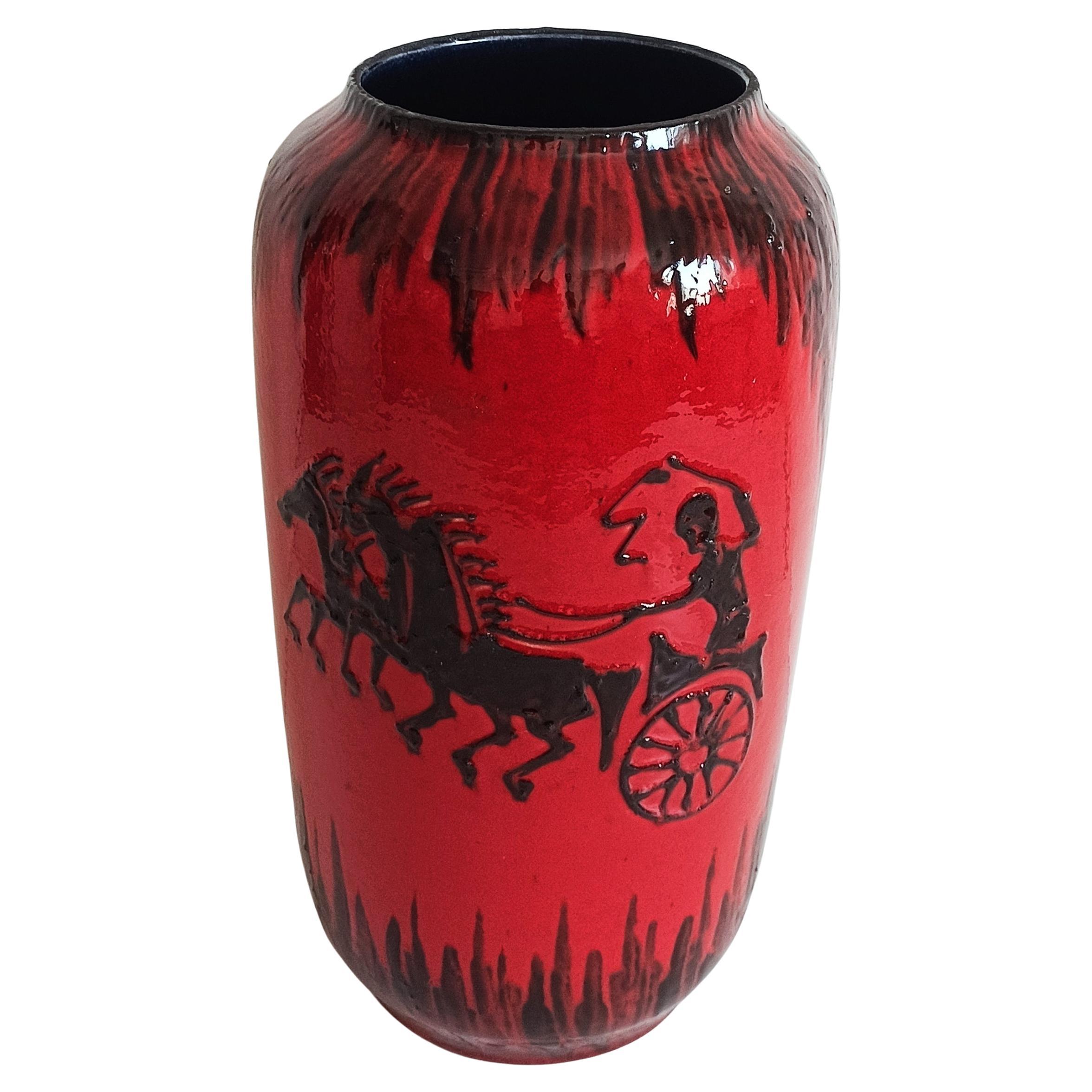 Ceramic Huge West German Mid Century Scheurich Etruscan Chariots Fat Lava Vase, 1950s
