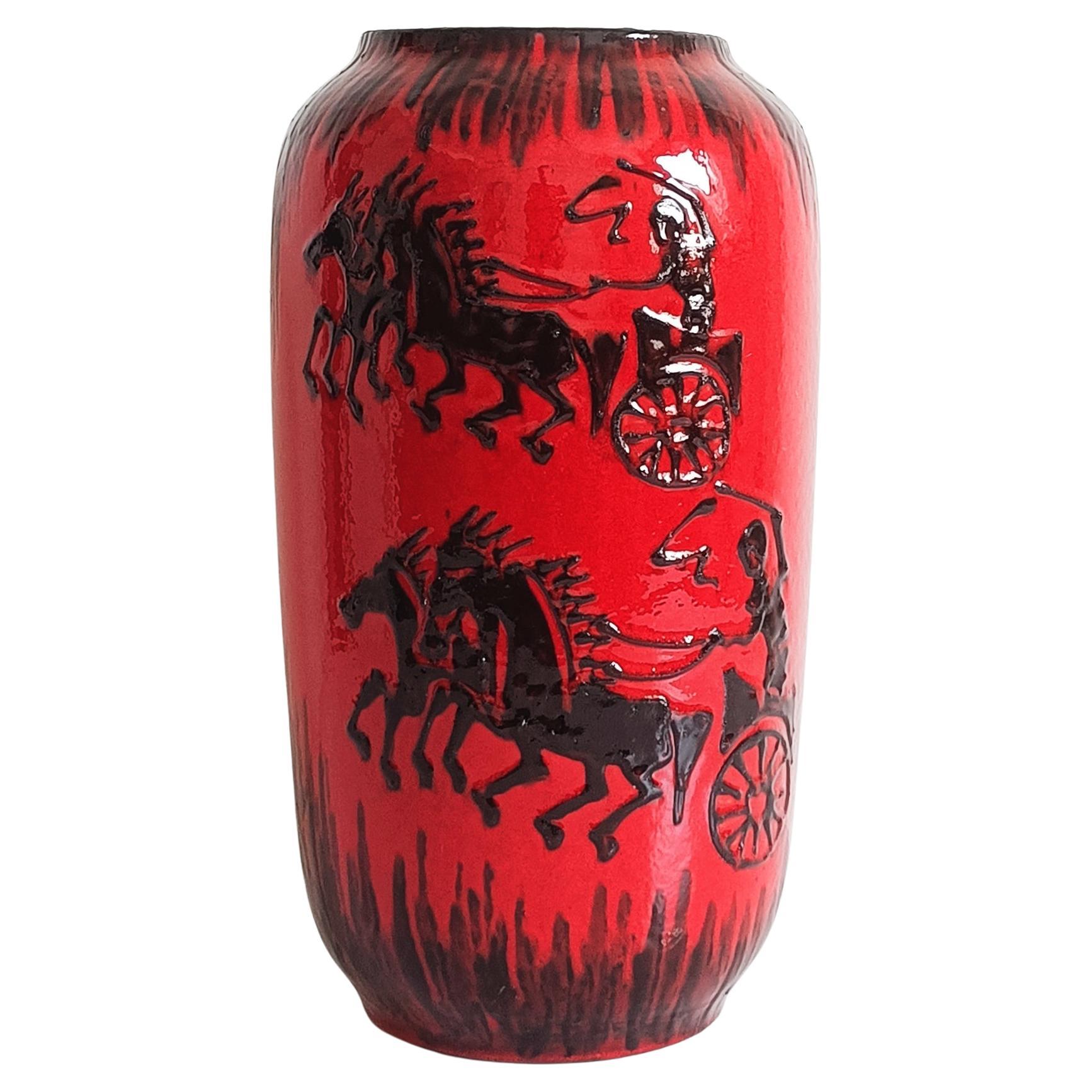 Huge West German Mid Century Scheurich Etruscan Chariots Fat Lava Vase, 1950s 1