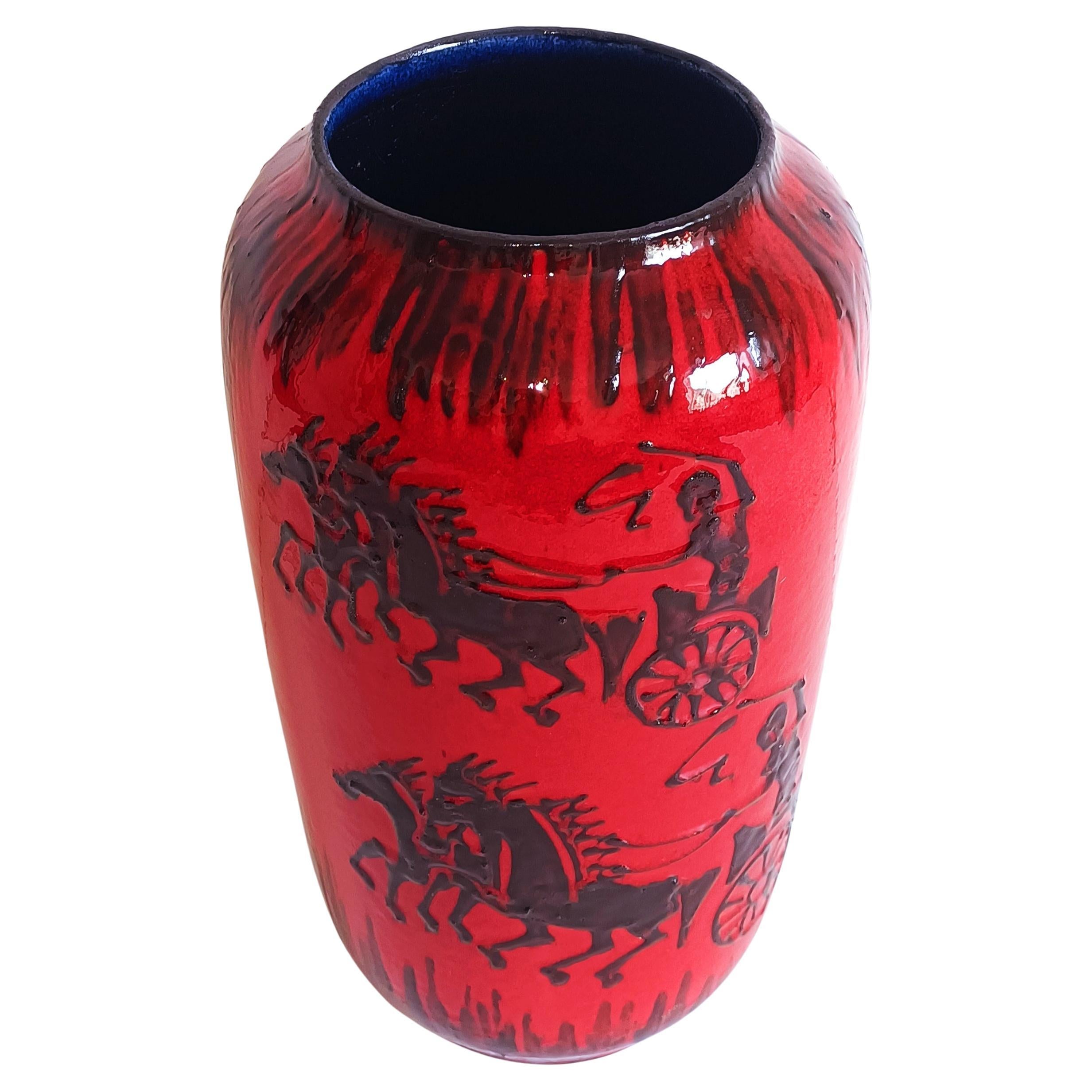 Huge West German Mid Century Scheurich Etruscan Chariots Fat Lava Vase, 1950s 2