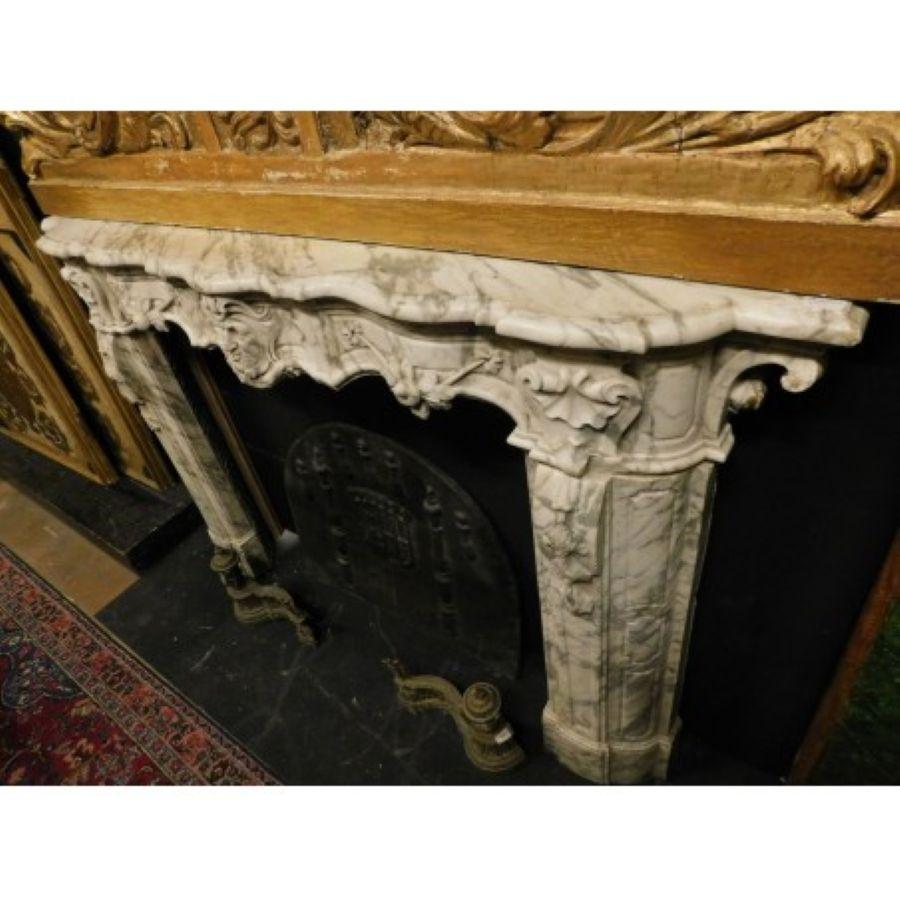 18th Century Huge White Marble Fireplace mantel, richly carved with Mask and Friezes, Italy For Sale
