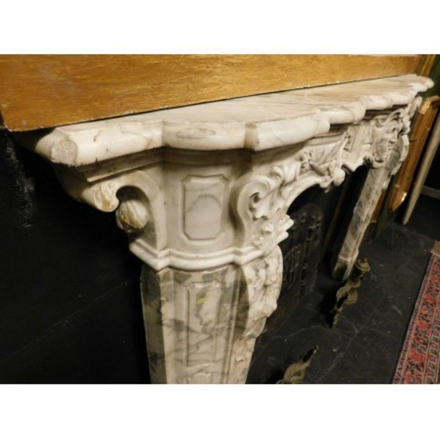 Huge White Marble Fireplace mantel, richly carved with Mask and Friezes, Italy For Sale 1