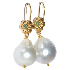 Huge White South Sea Baroque Pearl Earrings, Emeralds in 18K Solid Yellow Gold
